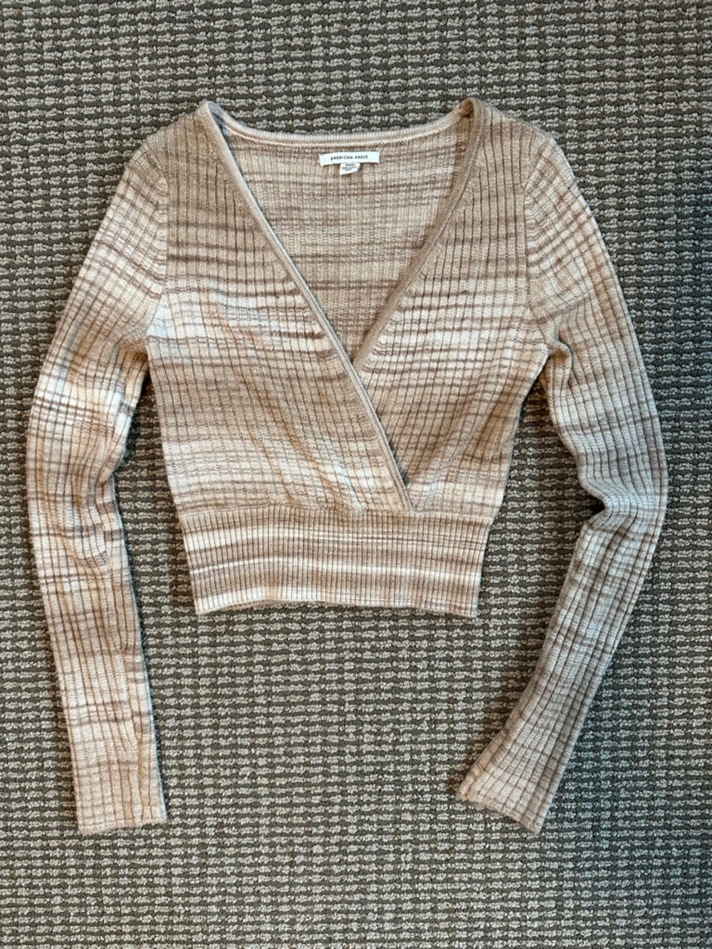 American Eagle Outfitters Beige & Cream Ribbed Wrap Crop Long-Sleeve Top